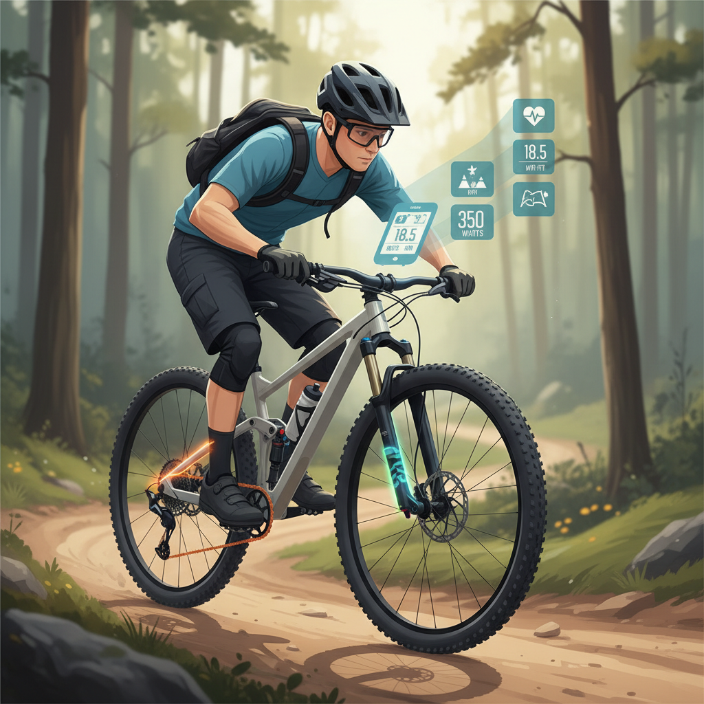 Ciclista de MTB utilizando um ciclocomputador para monitorar dados em tempo real de sensores de desgaste instalados em sua bicicleta.