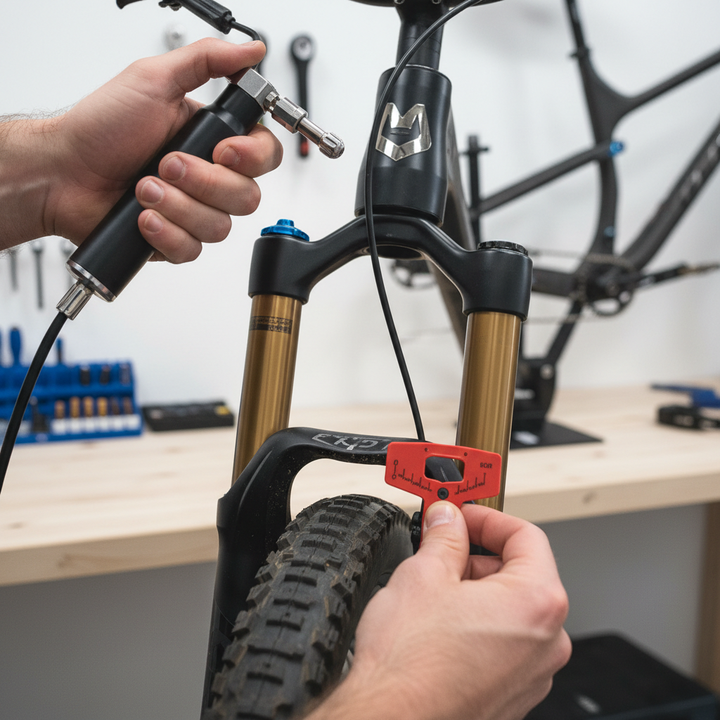 Detalhe de uma suspensão dianteira de mountain bike sendo ajustada com uma bomba de suspensão, mostrando a medição do sag.
