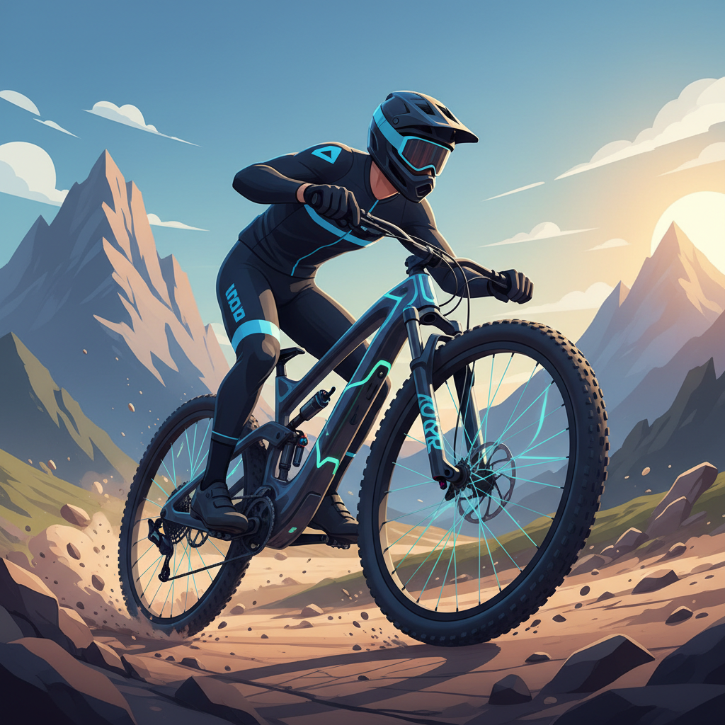 Visão de um quadro de mountain bike em 2026, construído com materiais inteligentes que se moldam dinamicamente às exigências da trilha. Esta inovação promete um equilíbrio perfeito entre leveza, resistência e responsividade.