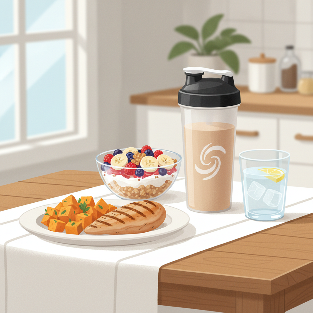 Uma variedade de alimentos nutritivos, incluindo carboidratos e proteínas, preparada para a recuperação muscular eficaz de um ciclista pós-trilha.