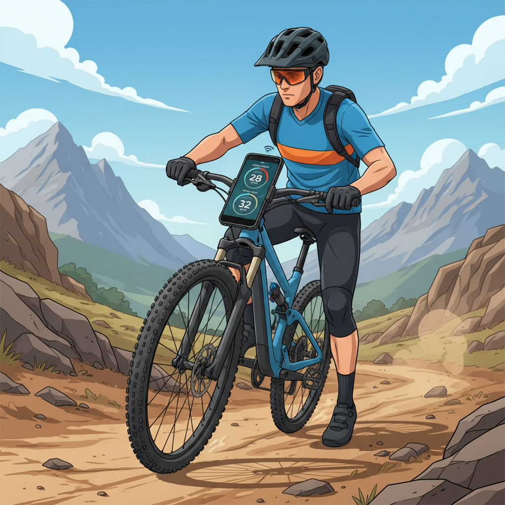 Ciclista de Mountain Bike verificando a pressão dos pneus em tempo real através do smartphone durante uma trilha, demonstrando a conveniência dos sensores inteligentes.