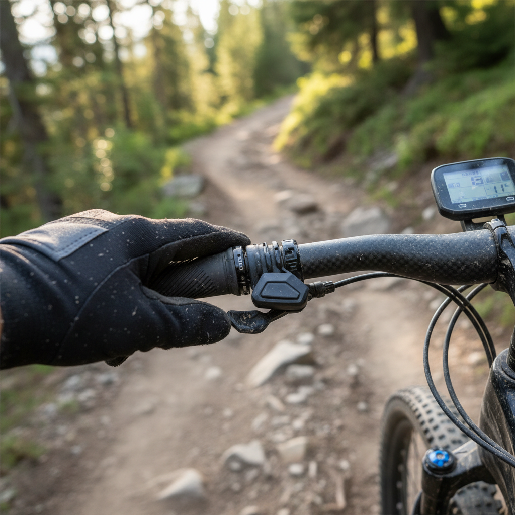 A precisão ao alcance dos dedos: um ciclista acionando o passador eletrônico sem fio no guidão de sua E-MTB.