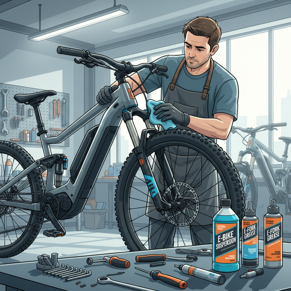 Inspeção detalhada do garfo dianteiro de uma E-MTB, crucial para identificar desgaste e garantir a segurança.