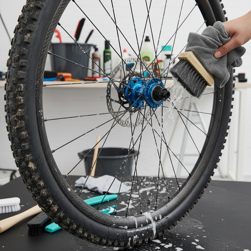 Detalhe de uma roda de carbono de MTB durante a limpeza, destacando a atenção aos componentes para garantir sua longevidade.