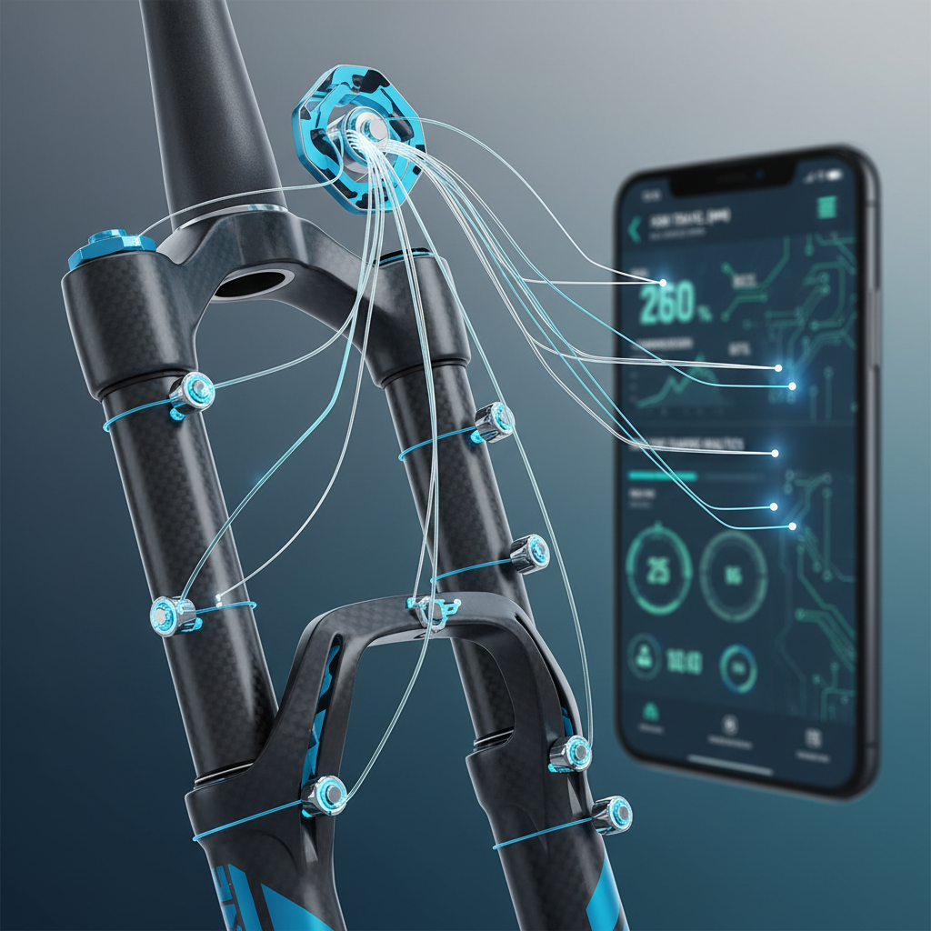 Detalhe de uma suspensão de mountain bike com sensores conectados, transmitindo dados para um smartphone, simbolizando o diagnóstico via telemetria.