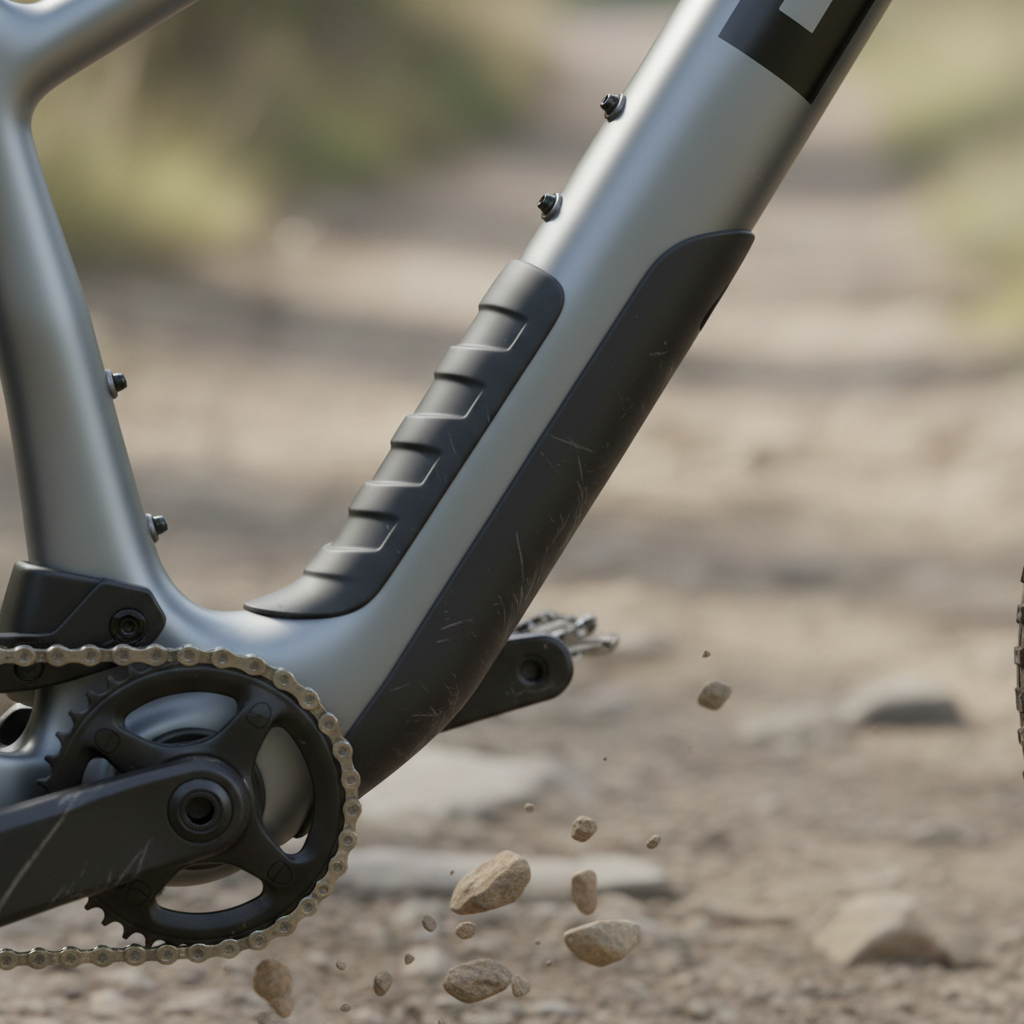 Detalhe da proteção de borracha ou polímero instalada no downtube de uma mountain bike, essencial para absorver impactos de pedras e detritos em trilhas agressivas, protegendo o quadro contra danos.