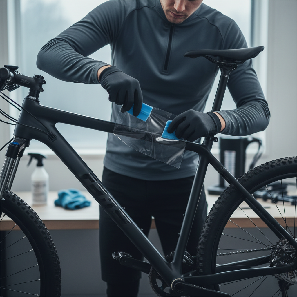 Ciclista aplicando cuidadosamente um filme protetor pré-cortado no quadro de uma mountain bike, utilizando uma espátula. A instalação precisa é crucial para uma proteção eficaz e um acabamento impecável.