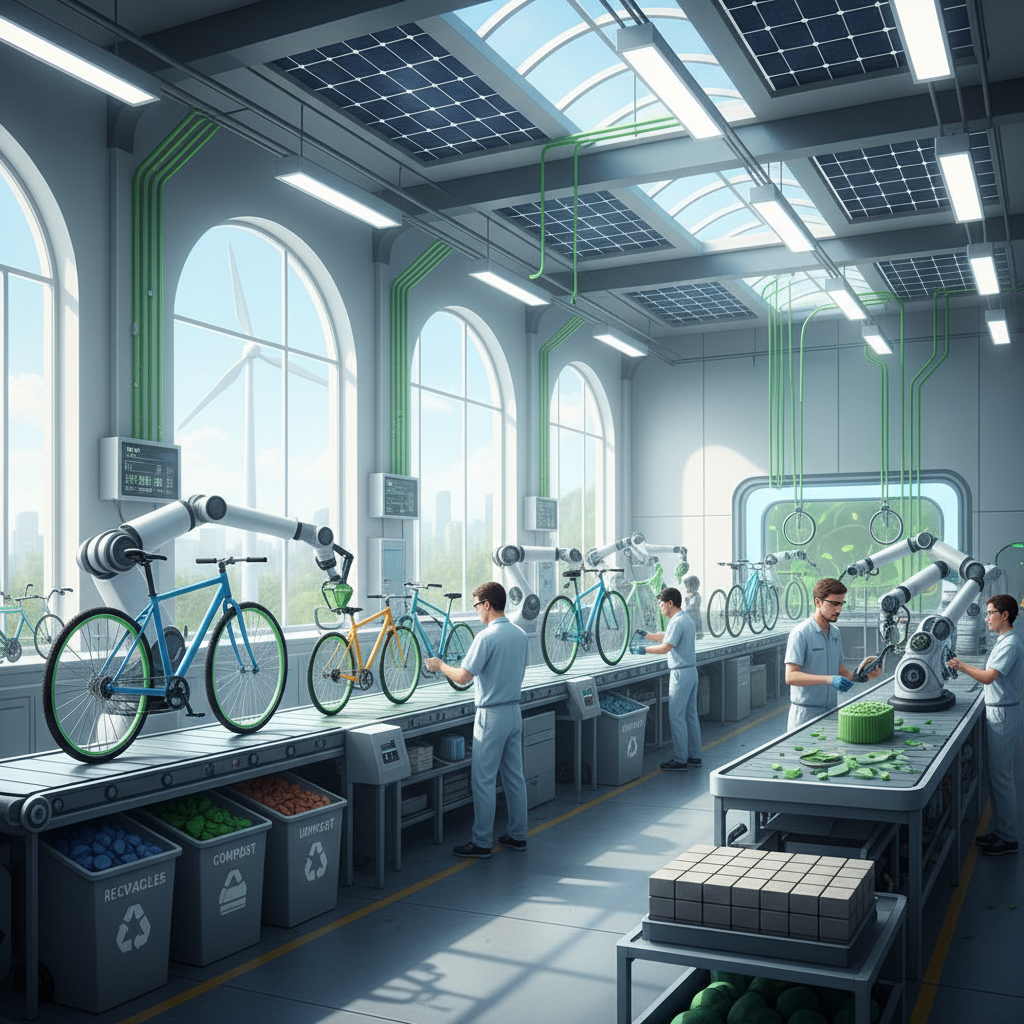 Linha de montagem de componentes de MTB em uma fábrica moderna, destacando a produção sustentável e o uso de materiais ecológicos.