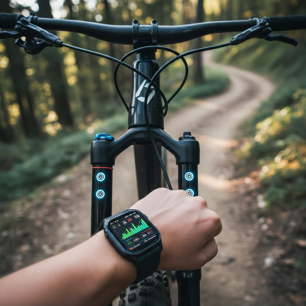 Detalhe da suspensão de uma MTB com sensores integrados, enquanto um smartwatch exibe dados de desempenho e manutenção em tempo real.