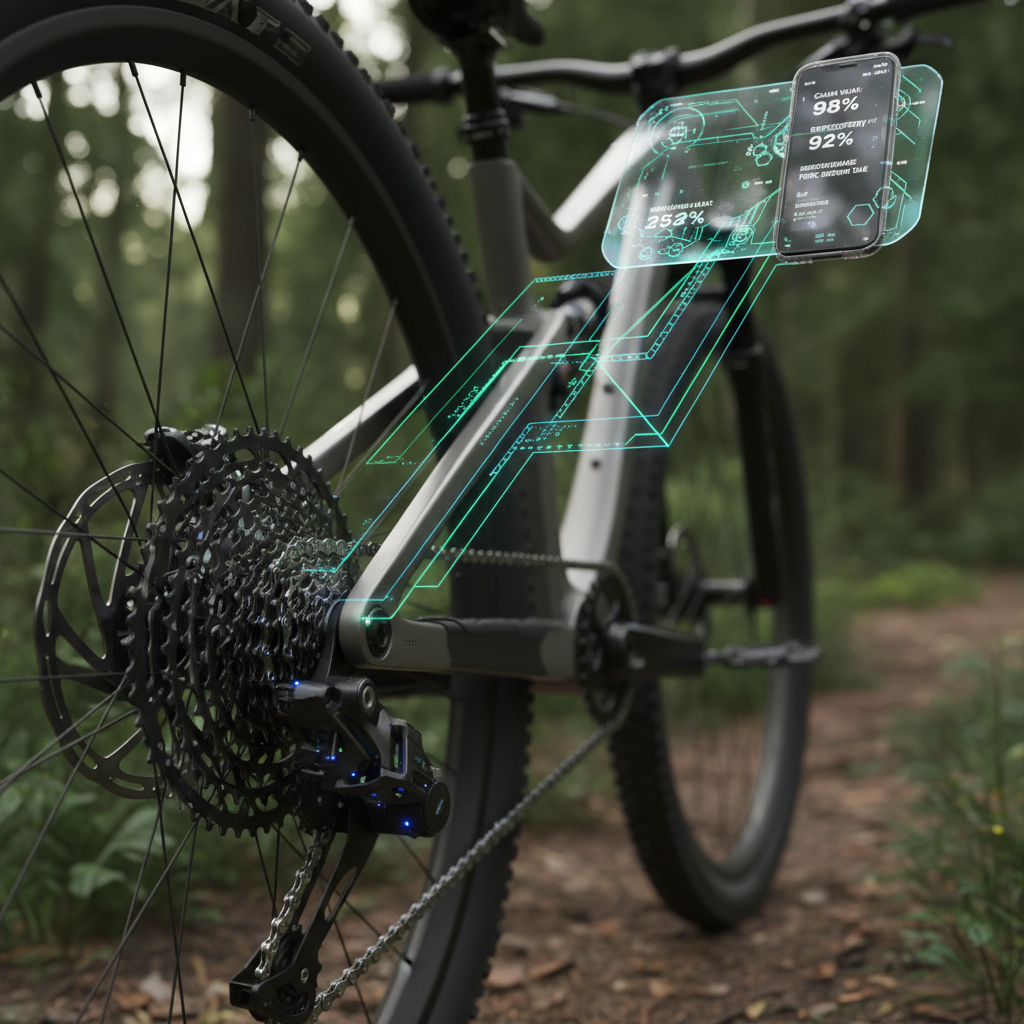 Sensores avançados monitoram a transmissão de uma mountain bike, transmitindo dados para um display holográfico, exemplificando o diagnóstico inteligente na trilha em 2026. <br /><img decoding=