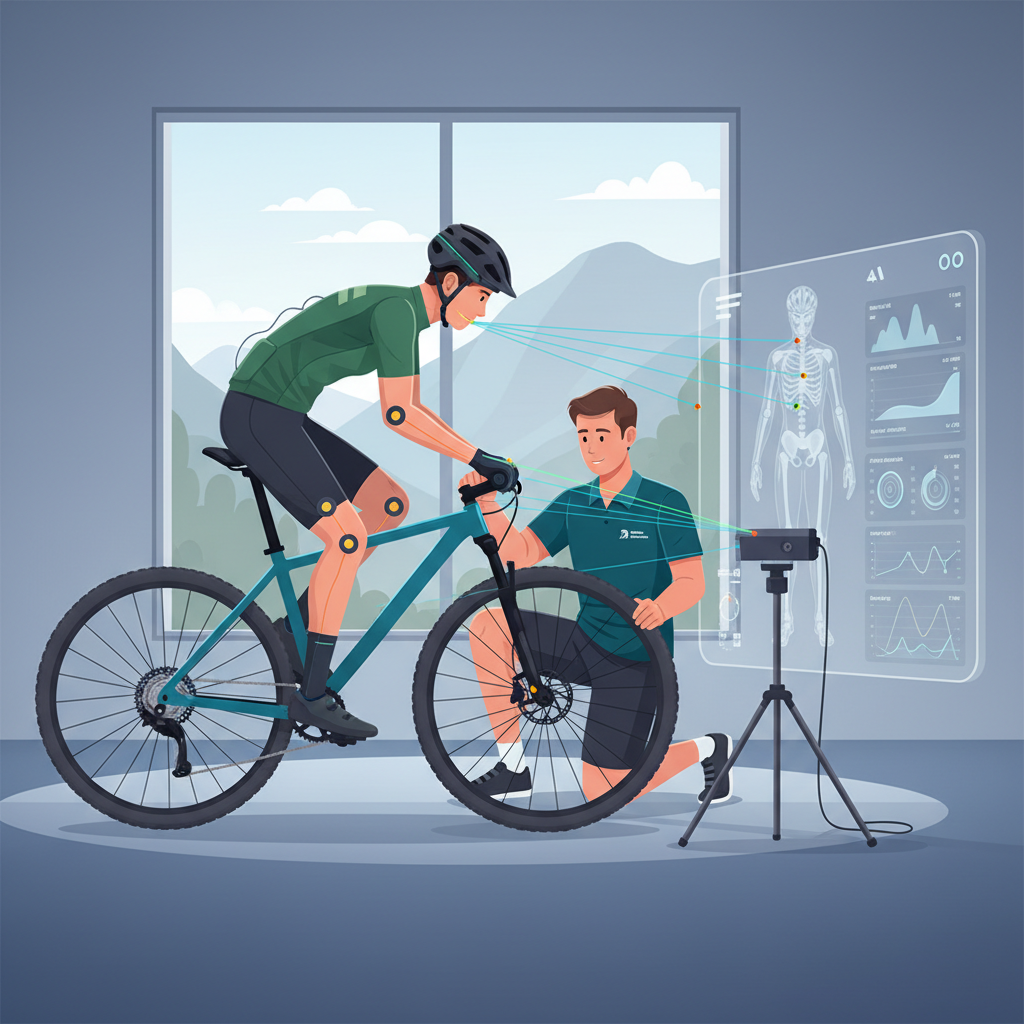 Um ciclista passando por um ajuste profissional de bike fit, essencial para otimizar a posição aerodinâmica e o conforto na mountain bike.