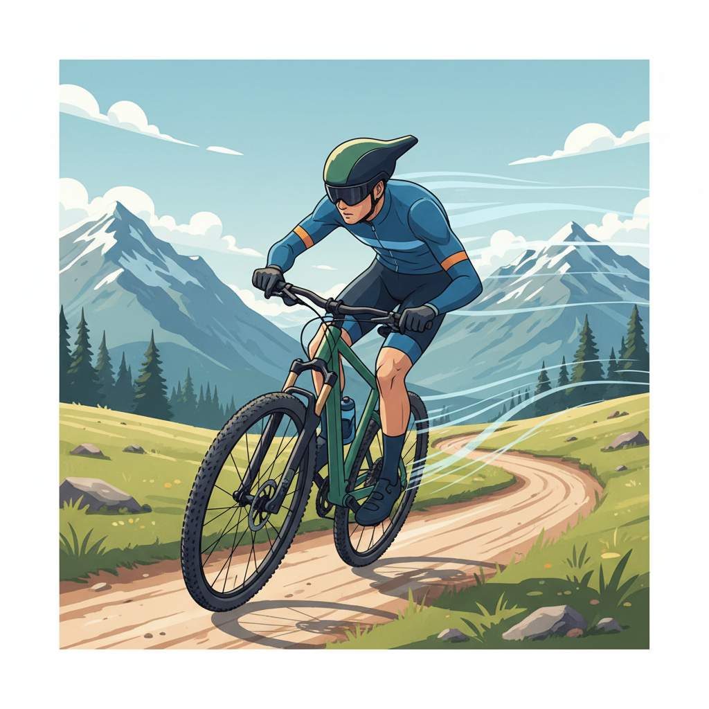 Um ciclista de MTB com vestuário justo e aerodinâmico, mostrando como a roupa pode influenciar a resistência ao ar.
