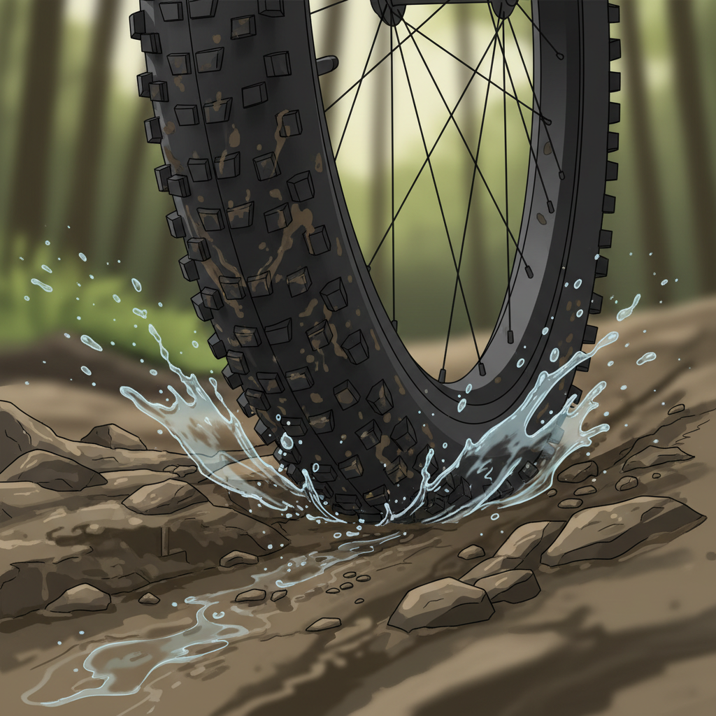 Detalhe de um pneu tubeless em terreno lamacento, exibindo a deformação sutil que proporciona tração superior e maior controle em condições adversas.
