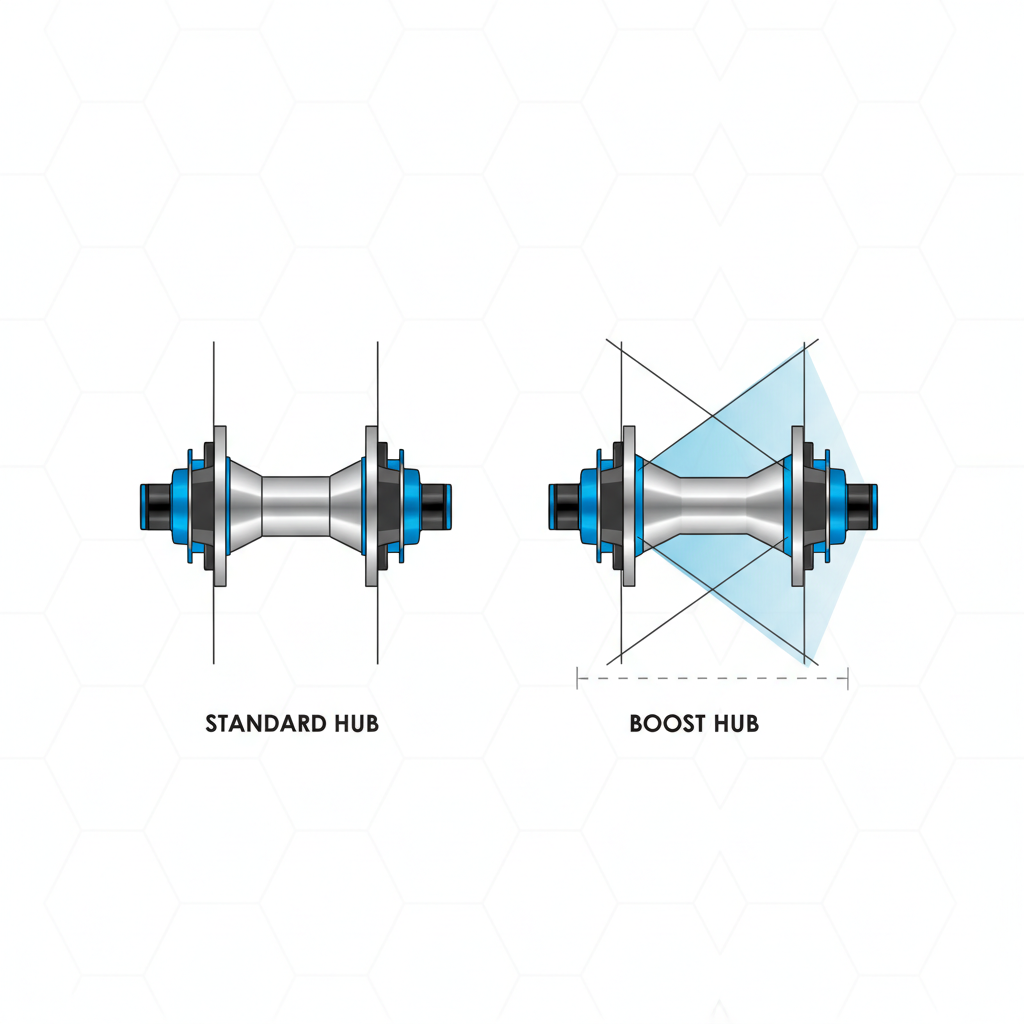 Diagrama mostrando a diferença entre um cubo padrão e um cubo Boost, destacando a largura extra e o ângulo otimizado dos raios.