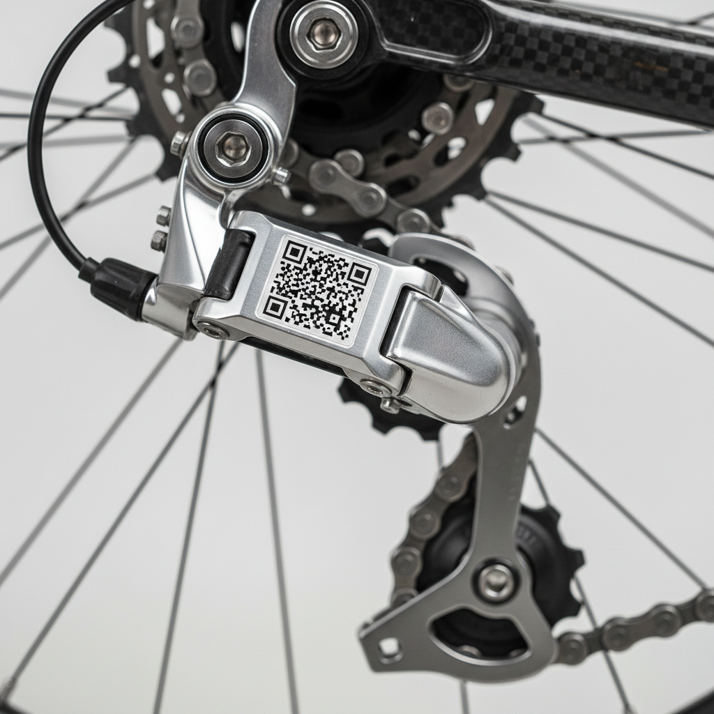 Um detalhe de uma peça de bicicleta com um código QR, simbolizando a capacidade de rastrear digitalmente sua origem e autenticidade via blockchain.