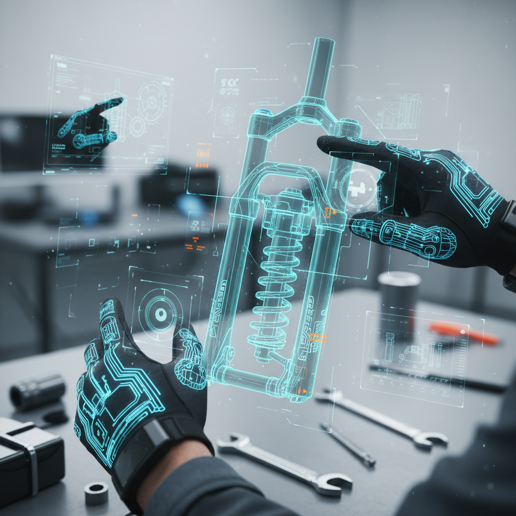 Mãos de mecânico utilizando luvas de Realidade Virtual ou Aumentada interagem com um componente holográfico de MTB, demonstrando a precisão do diagnóstico e manutenção virtual.