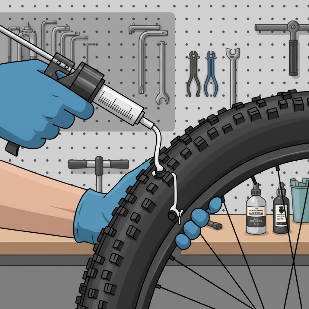 A aplicação cuidadosa do selante em um pneu tubeless de Mountain Bike, etapa crucial para prevenção de furos e maior durabilidade nas trilhas.