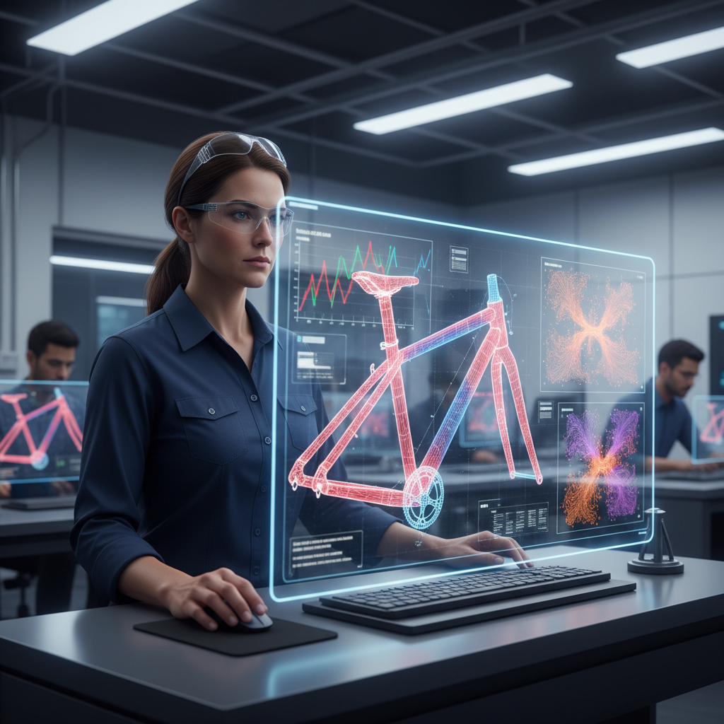Engenheiro analisando um modelo 3D de um quadro de bicicleta, com gráficos de simulação de tensão e otimização topológica em uma tela, demonstrando o uso de tecnologia avançada no design.