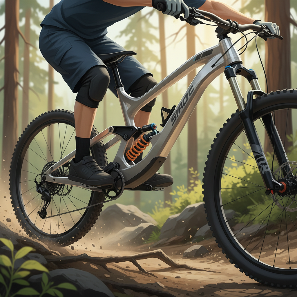 Ciclista de mountain bike em uma trilha técnica, com o quadro da bicicleta em destaque, mostrando suas formas hidroformadas e design moderno em ação.