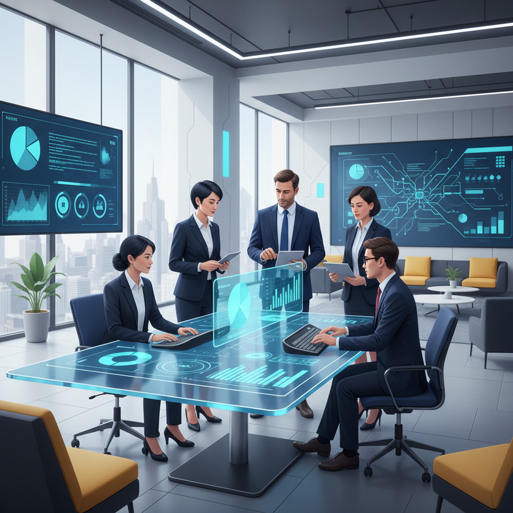 Profissionais de RH e líderes colaborando, utilizando tecnologia para análise de dados e tomada de decisões estratégicas em um ambiente corporativo moderno.