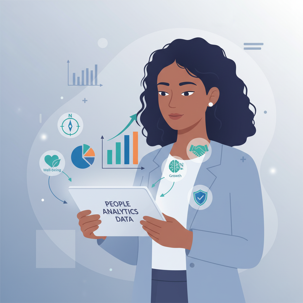 Um profissional de RH utiliza um tablet para analisar gráficos de People Analytics, revelando insights sobre o bem-estar e propósito dos colaboradores, essenciais para uma cultura organizacional saudável.