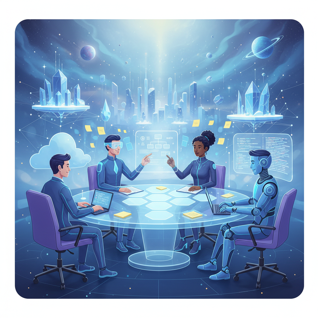 Equipe colaborando em um espaço de reunião virtual no metaverso, utilizando avatares para interagir e compartilhar ideias.