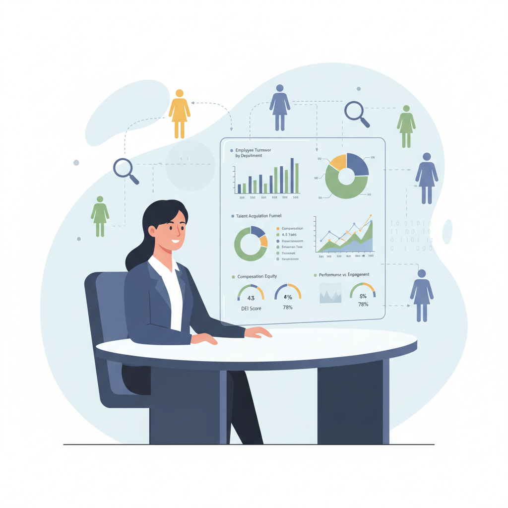 Profissional de RH analisando dados em um painel, utilizando people analytics para tomadas de decisão estratégicas.