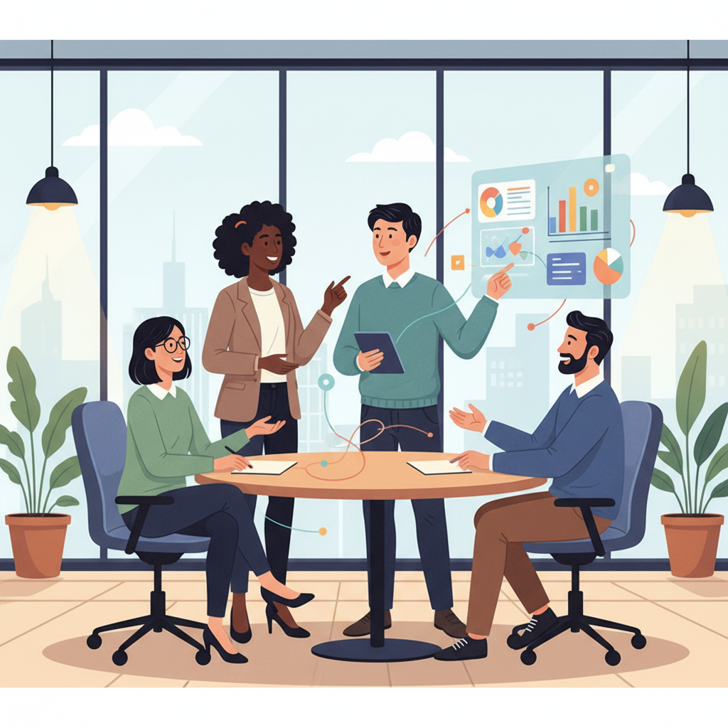 Colaboradores engajados e conectados socialmente em um ambiente de trabalho que valoriza o bem-estar e a interação.