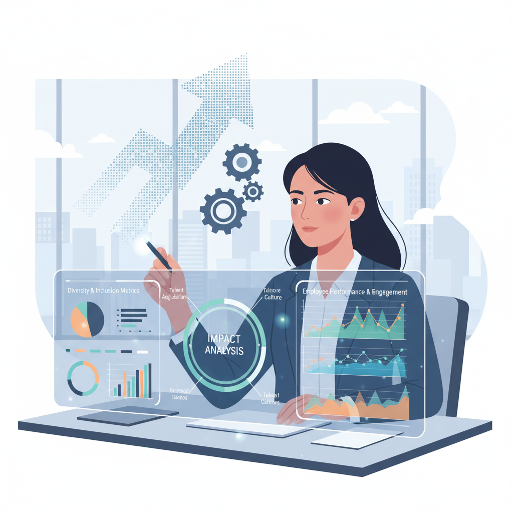 Um profissional de RH estratégico analisando dados em um painel com gráficos e métricas de diversidade e desempenho de funcionários, demonstrando decisões baseadas em dados.