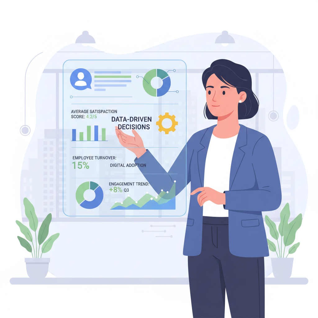 Um profissional de RH analisa um painel de dados com indicadores de desempenho e feedback, exemplificando a tomada de decisão baseada em dados.