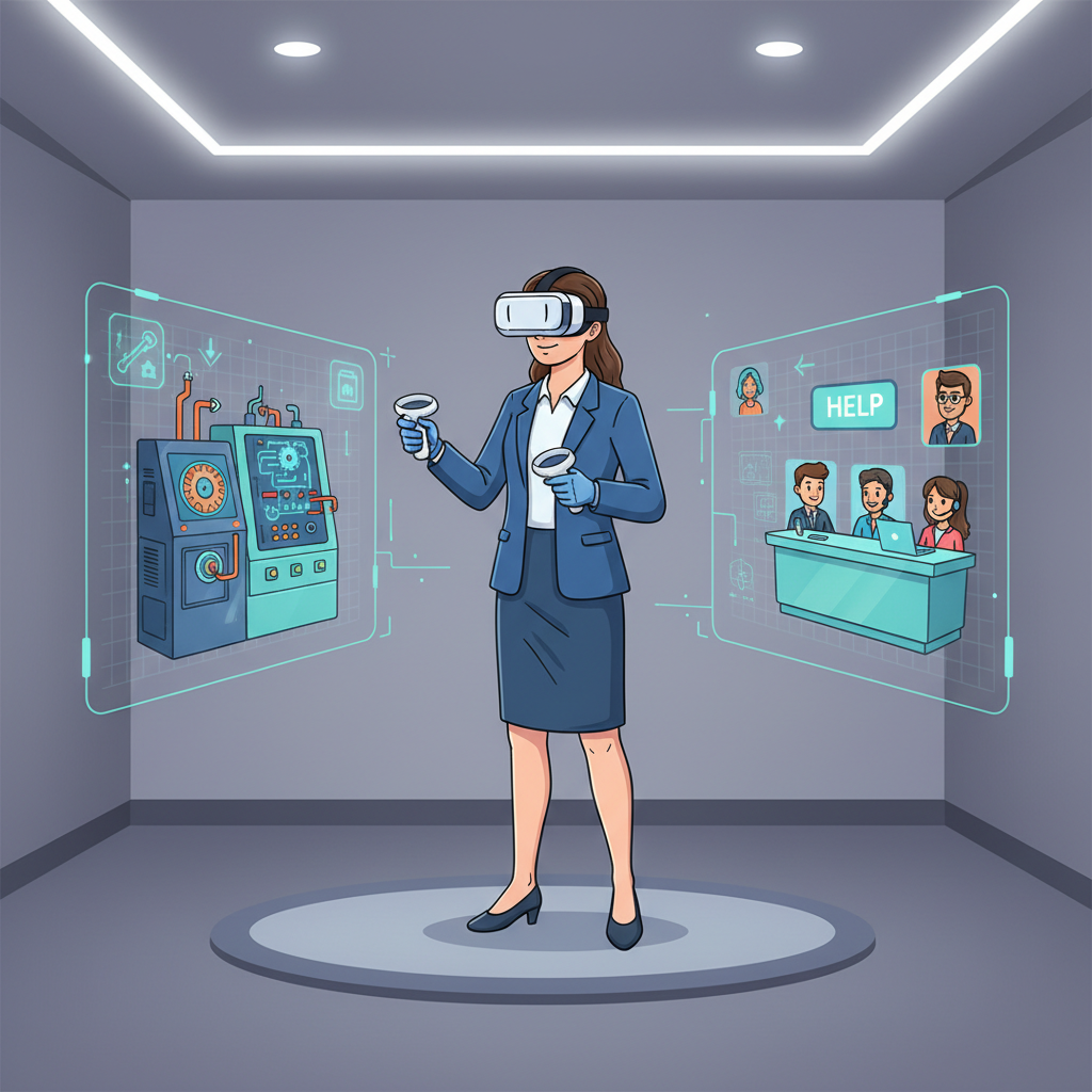 Colaborador em treinamento de Realidade Virtual, praticando em um ambiente simulado e seguro. A simulação mostra interações com máquinas complexas ou um cenário de atendimento ao cliente, com o funcionário participando ativamente.