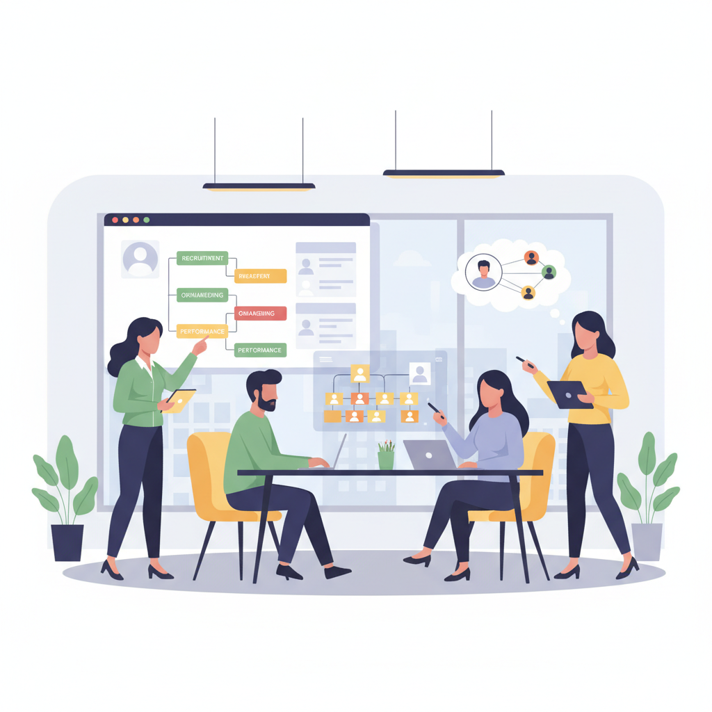 Profissionais de RH colaborando em um ambiente de escritório moderno, usando metodologias ágeis e ferramentas digitais para gerenciar projetos e equipes.