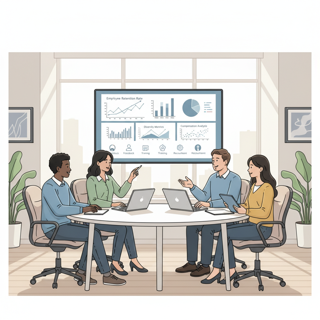 Uma equipe de RH colabora na análise de dados e relatórios, utilizando ferramentas visuais para discutir estratégias e tomar decisões informadas.