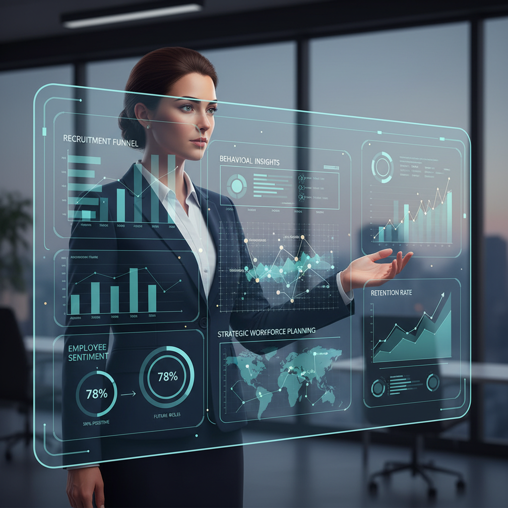 Um profissional de RH analisa um painel de indicadores, utilizando dados e insights comportamentais para tomar decisões estratégicas.