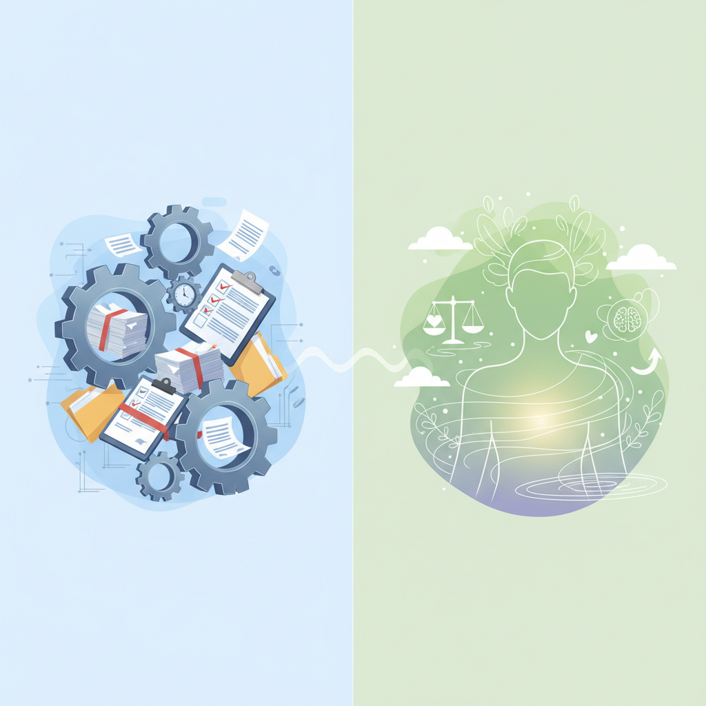 Ilustração do contraste entre o RH operacional (engrenagens, documentos) e o RH estratégico (silhueta humana serena com folhas, simbolizando bem-estar e equilíbrio).