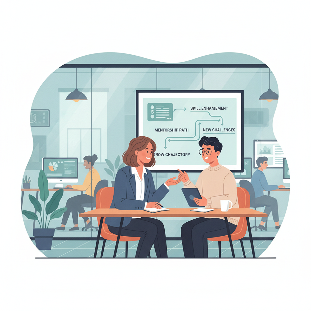 Um gestor de RH discute oportunidades de desenvolvimento contínuo e carreira com um colaborador da Geração Z, destacando a mentoria e o crescimento profissional.