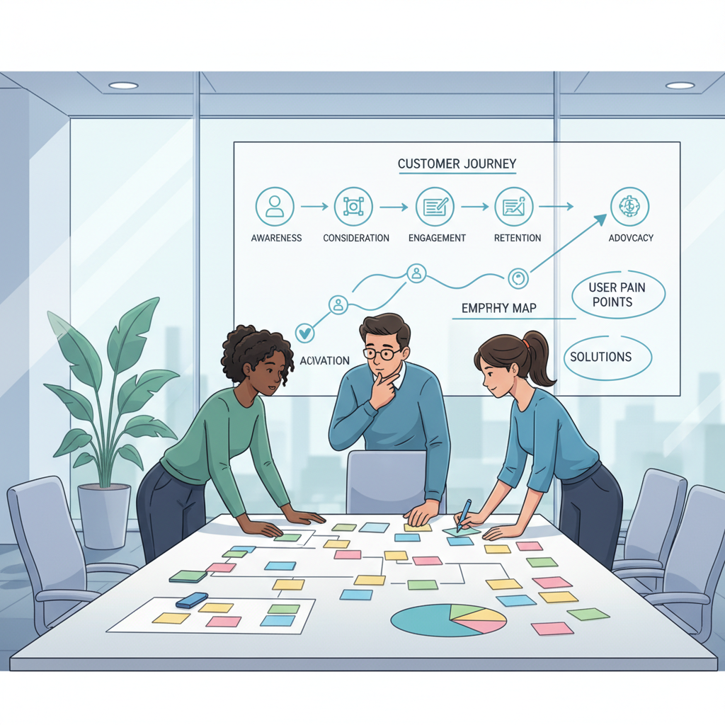 Profissionais de RH aplicando a empatia para compreender as necessidades dos colaboradores, utilizando ferramentas visuais para mapear desafios e oportunidades.