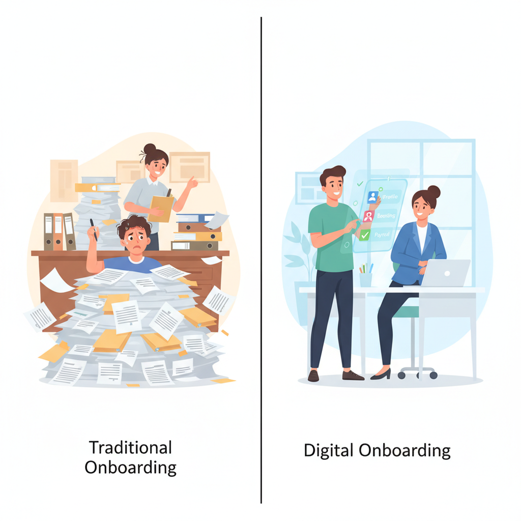 A transição do onboarding tradicional (esquerda), com burocracia e pilhas de papel, para o onboarding digital (direita), que oferece uma experiência fluida, eficiente e otimizada para colaboradores e RH.