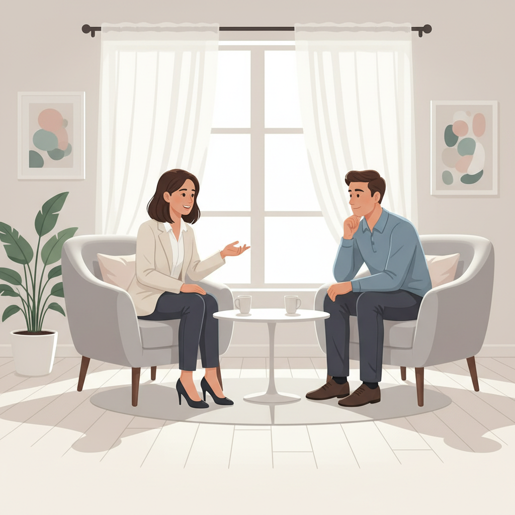 Uma mulher, uma coach, em uma sessão de coaching pessoal, conversando com um profissional. O ambiente é moderno com cores claras e iluminação suave.