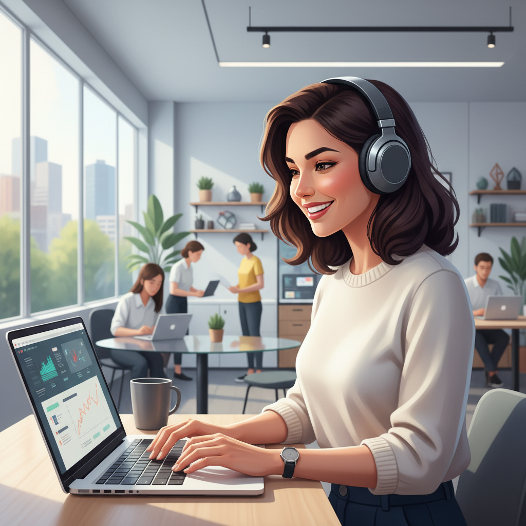 Mulher sorrindo, usando fones de ouvido e aprendendo em um notebook, em um ambiente de escritório moderno, simbolizando o aprendizado contínuo no trabalho.