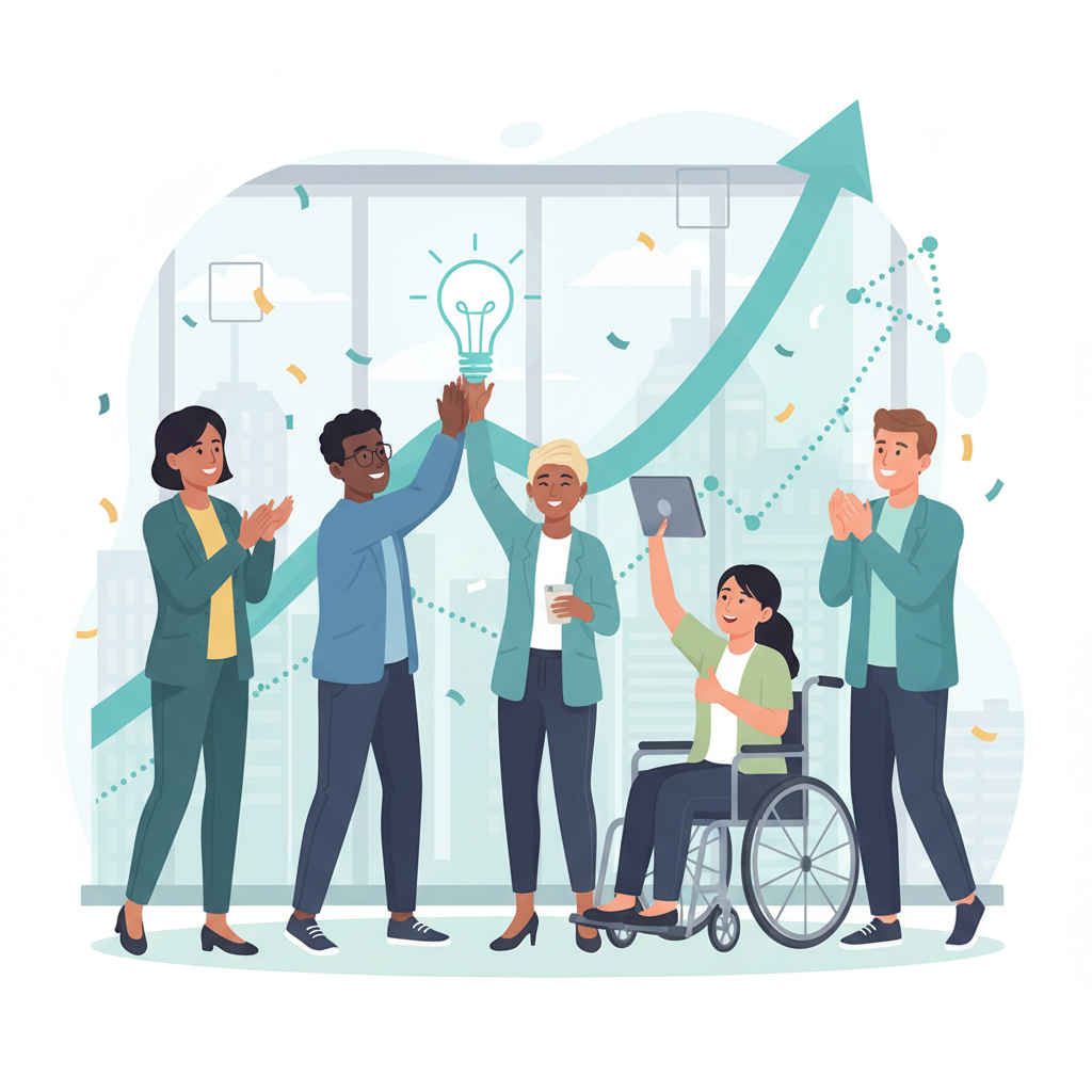 Líder e equipe comemoram uma ideia inovadora bem-sucedida, demonstrando o impacto positivo na empresa com um gráfico de crescimento visível ao fundo.