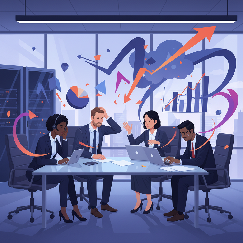 Líderes de diversas origens em um ambiente corporativo, enfrentando o estresse e a alta demanda do dia a dia.