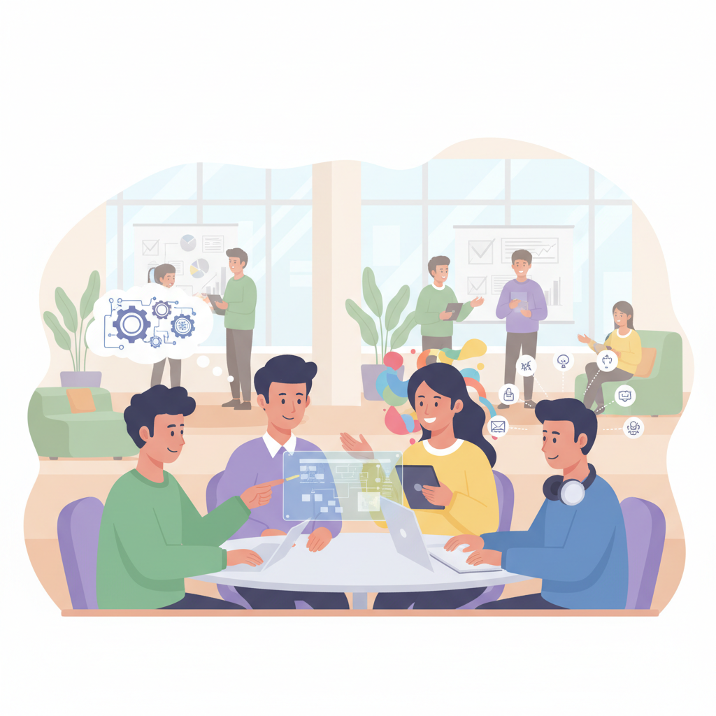 Profissionais neurodiversos em um ambiente de trabalho colaborativo e inclusivo, com representações visuais de diferentes estilos de pensamento e comunicação.