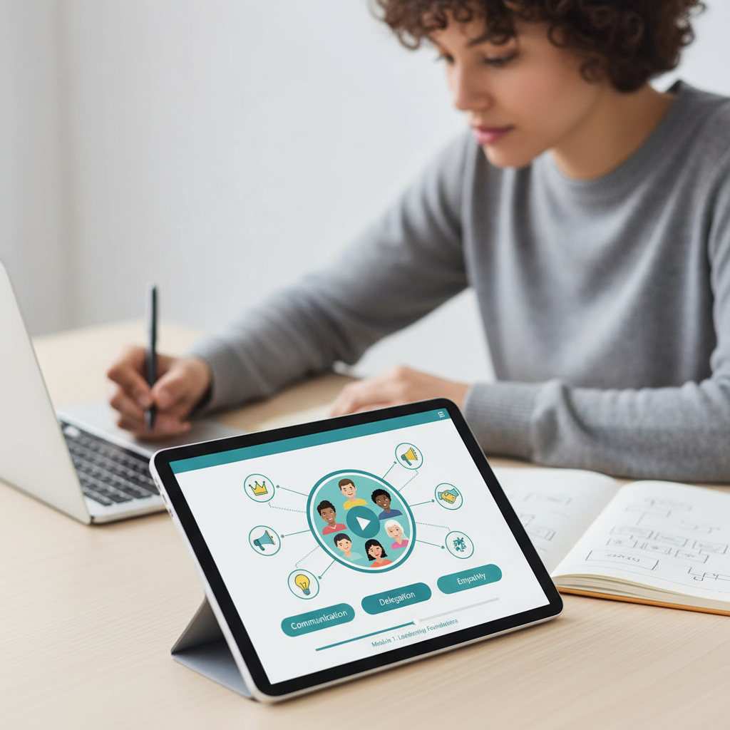 Um líder atento acessa um módulo de microlearning, absorvendo conhecimento valioso para aplicar em seu dia a dia e otimizar a tomada de decisões.