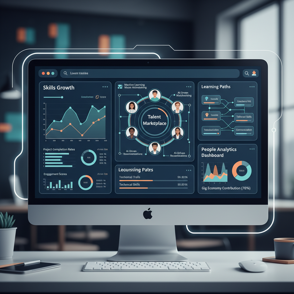 Uma interface digital com ferramentas de people analytics e trilhas de desenvolvimento personalizadas, ilustrando como a tecnologia apoia o RH estratégico.