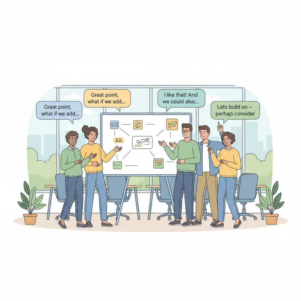 Membros de uma equipe engajando-se em um diálogo aberto, compartilhando ideias e feedback construtivo em um ambiente de confiança e segurança psicológica.