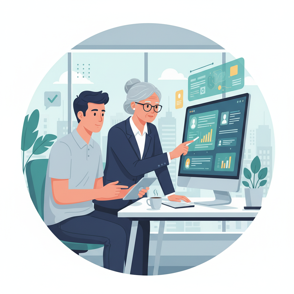 Profissional sênior ensinando um colega mais jovem a operar um novo software em um computador, ilustrando a mentoria reversa e a troca de conhecimentos.