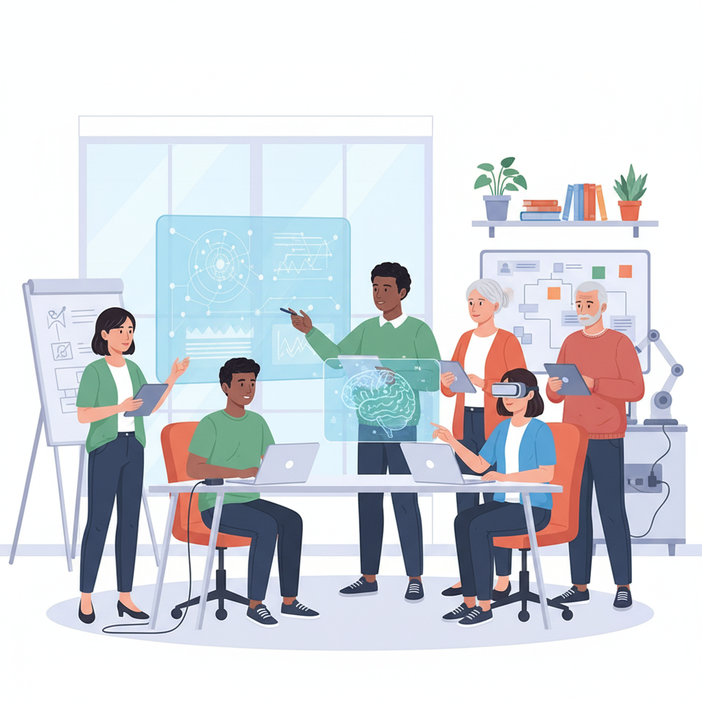 Um grupo diverso de profissionais de diferentes idades e etnias, colaborando em um ambiente de trabalho inclusivo e moderno, com foco em tecnologia e aprendizado.