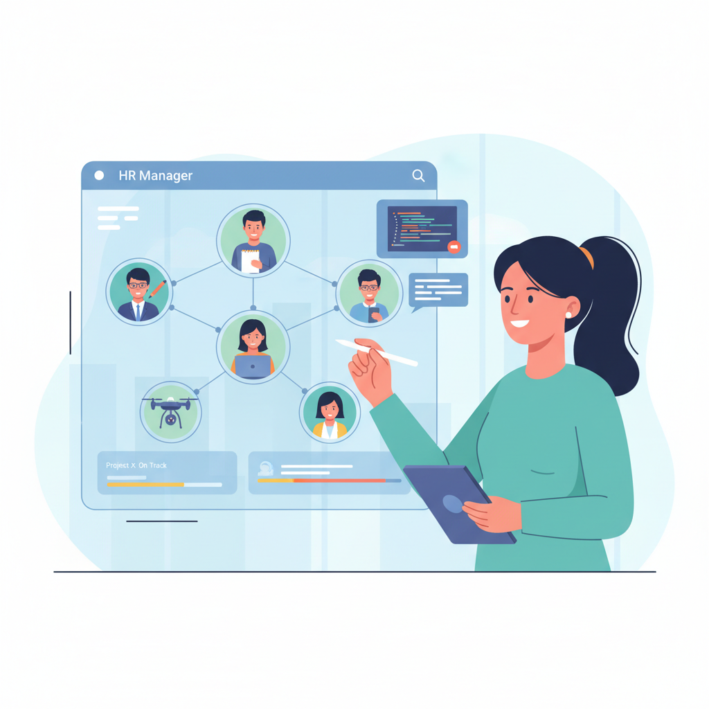 Um profissional de RH estratégico colaborando com freelancers, utilizando uma plataforma digital para otimizar a gestão de projetos e o engajamento.