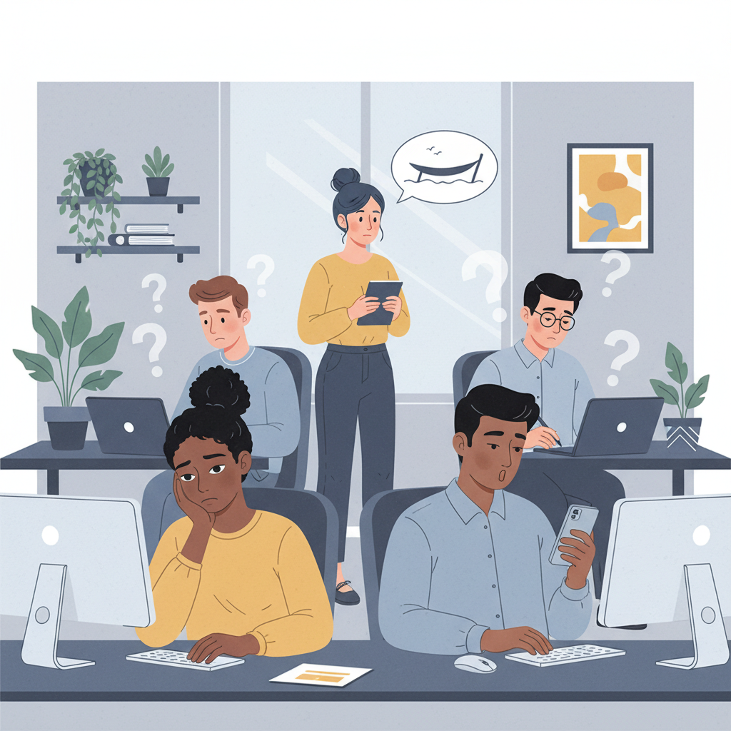 Em um escritório, colaboradores apresentam sinais de baixo engajamento e desmotivação, ilustrando o fenômeno do